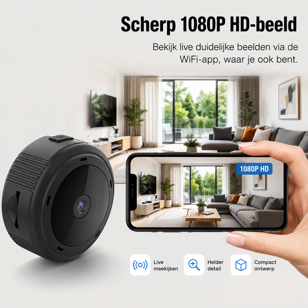 Draadloze WiFi bewakingscamera met app voor live meekijken, 1080P HD, overal bereikbaar.