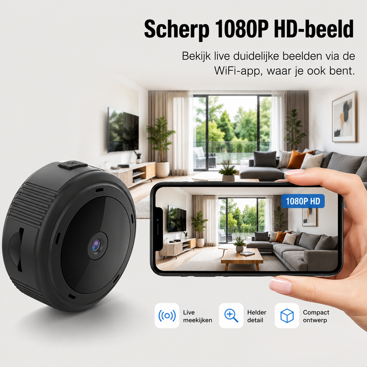 Draadloze WiFi bewakingscamera met app voor live meekijken, 1080P HD, overal bereikbaar.