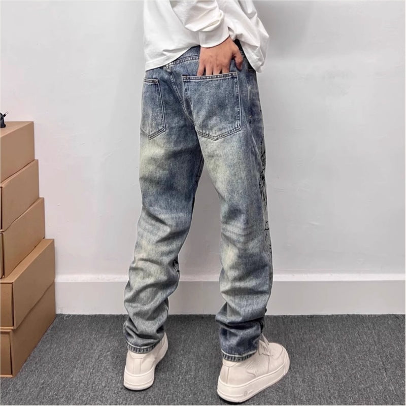 Blauwe heren rechte jeans met opvallende streetwear grafische print op de pijp