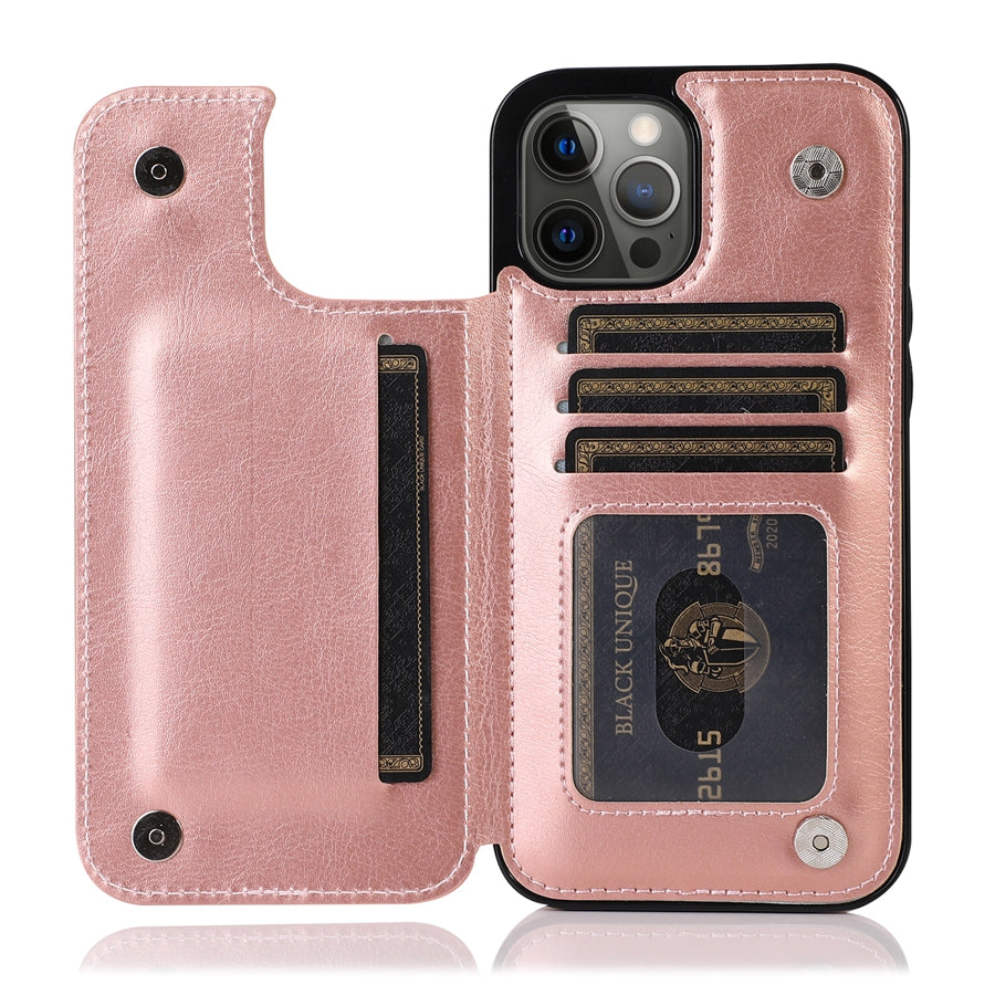 Zwarte luxe leren iPhone hoes, gesloten getoond, met subtiel logo en strakke afwerking.