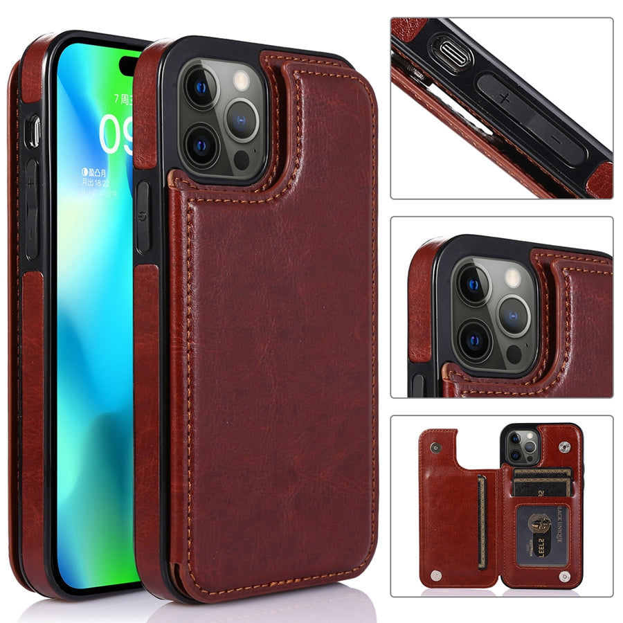 Stijlvolle leren portemonneehoes voor smartphone, biedt bescherming en handige pasjeshouder.