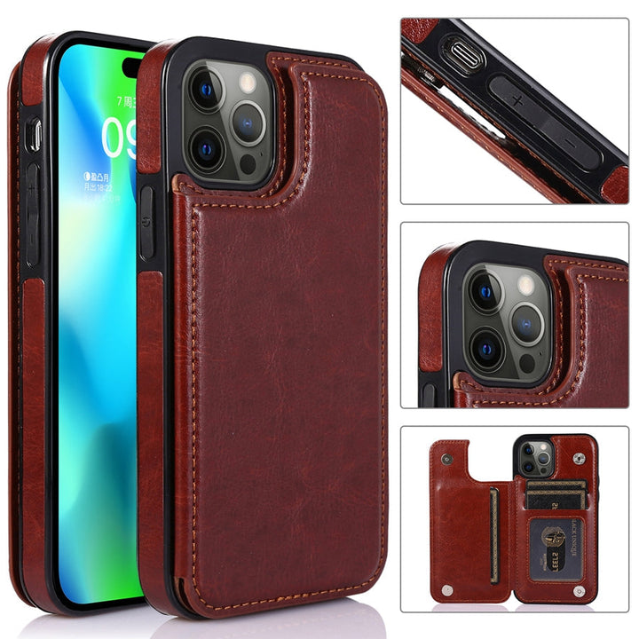 Stijlvolle leren portemonneehoes voor smartphone, biedt bescherming en handige pasjeshouder.