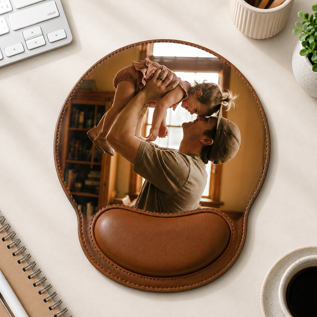 Gepersonaliseerde muismat met foto van een vader en kind in bruine uitvoering, perfect voor een emotionele werkplek.