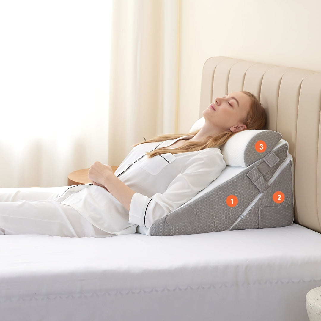 Zijdezicht op het modulaire 7-in-1 wigkussen met genummerde ondersteuningszones
