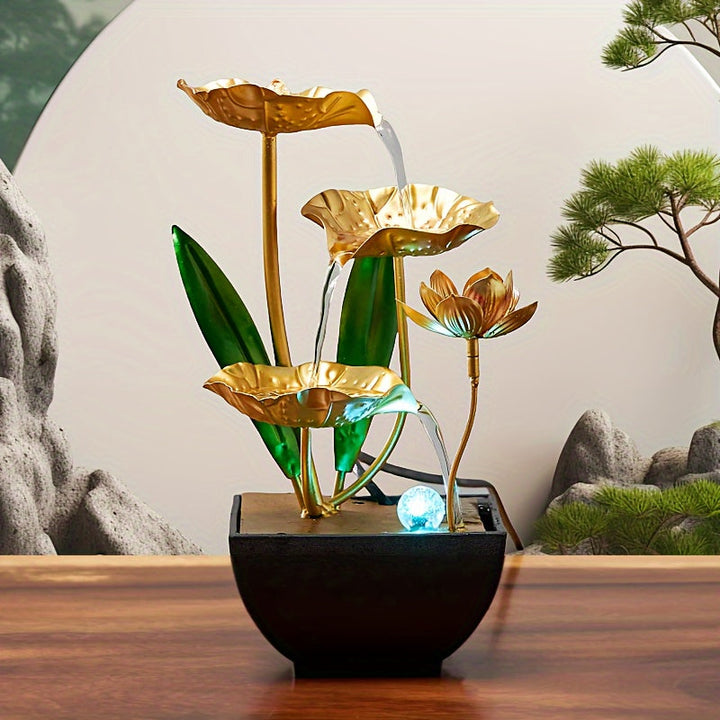 Stijlvolle tafelwaterfontein met lotusbloem design als ontspannende woondecoratie