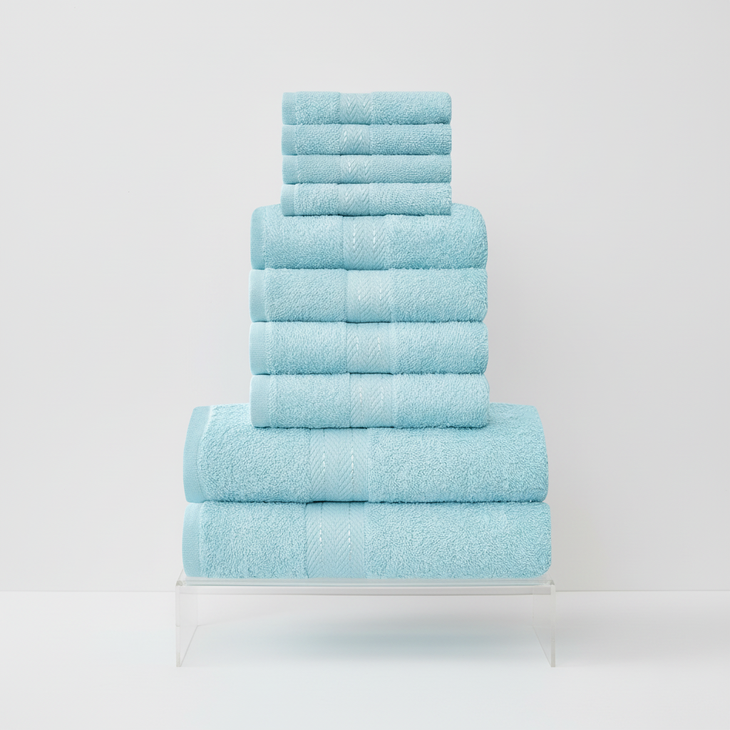 Hoogwaardige 10-delige badtextiel set, CottonRich katoen. Zacht, absorberend en sneldrogend voor luxe badkamer.