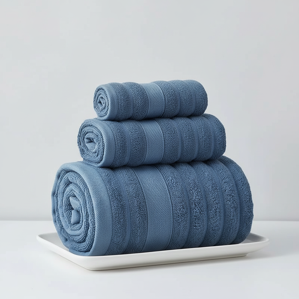 Complete set zachte katoenen handdoeken in wit, grijs en blauwgroen, ideaal voor elke badkamer.