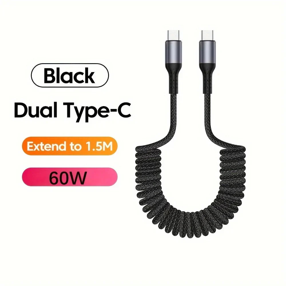 Compatibele USB-C 100W veerkabel, geschikt voor snelladen van laptops, tablets en smartphones.