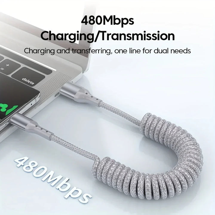 Krachtige 100W USB-C veer oplaadkabel voor snel opladen van diverse gadgets en elektronica.
