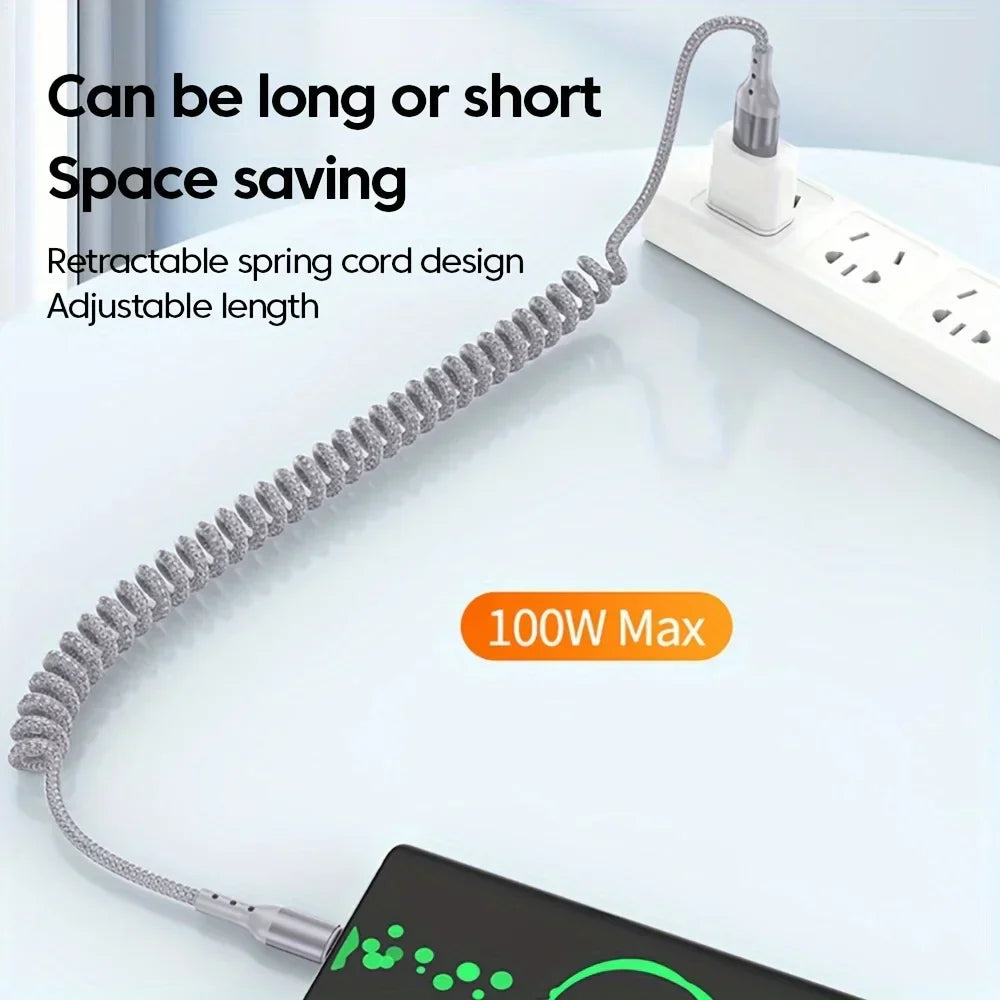 Compacte en duurzame FlexCharge USB-C veerkabel 100W, voorkomt knopen en bespaart ruimte.