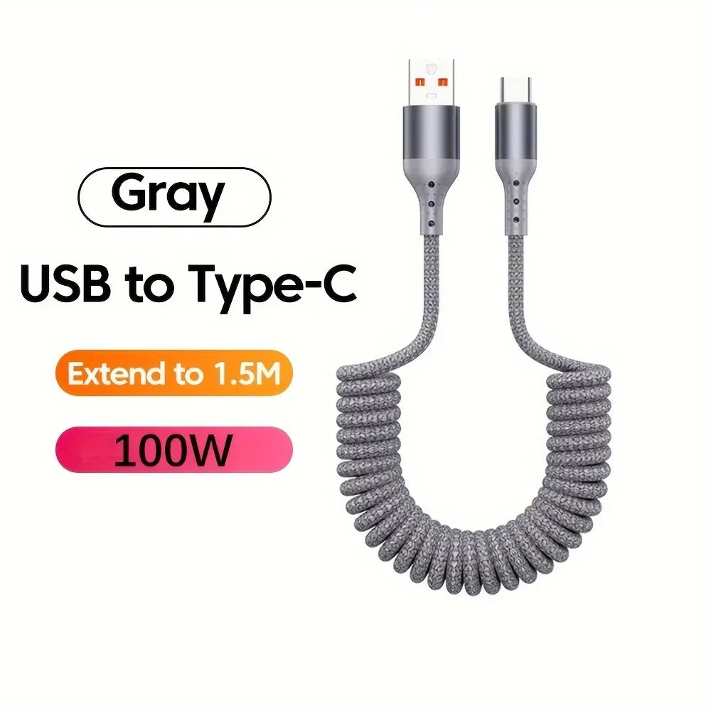 Set van 2 universele 100W USB-C veerkabels voor snelladen, dataoverdracht en extra gemak.