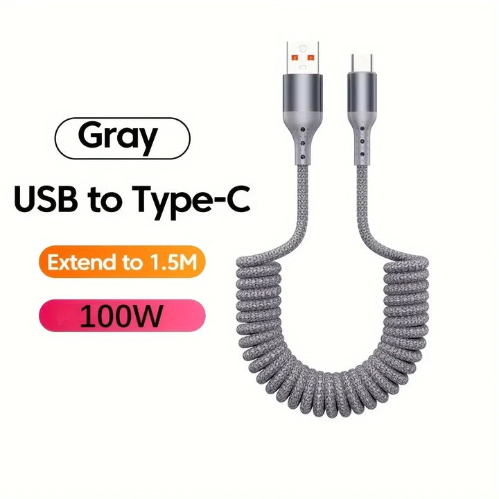 Set van 2 universele 100W USB-C veerkabels voor snelladen, dataoverdracht en extra gemak.