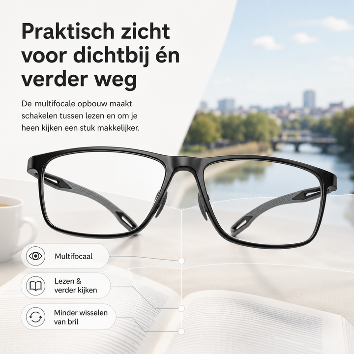 Optimaal zicht met deze multifocale leesbril; TR90 montuur en polycarbonaat lens met blauwlichtfilter.