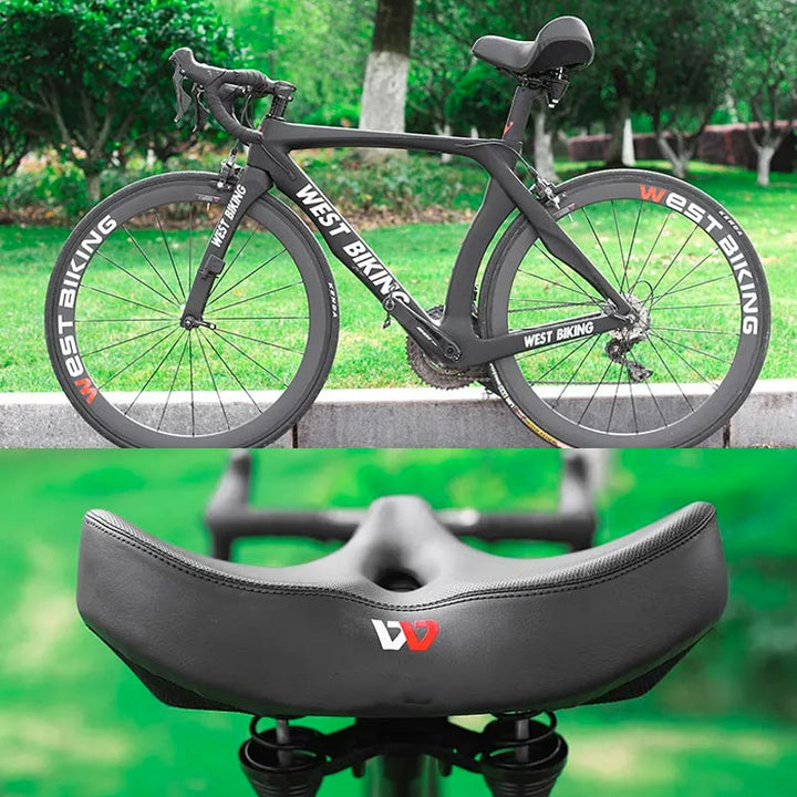 Zijaanzicht van het ergonomische fietszadel met dikke schuimvulling