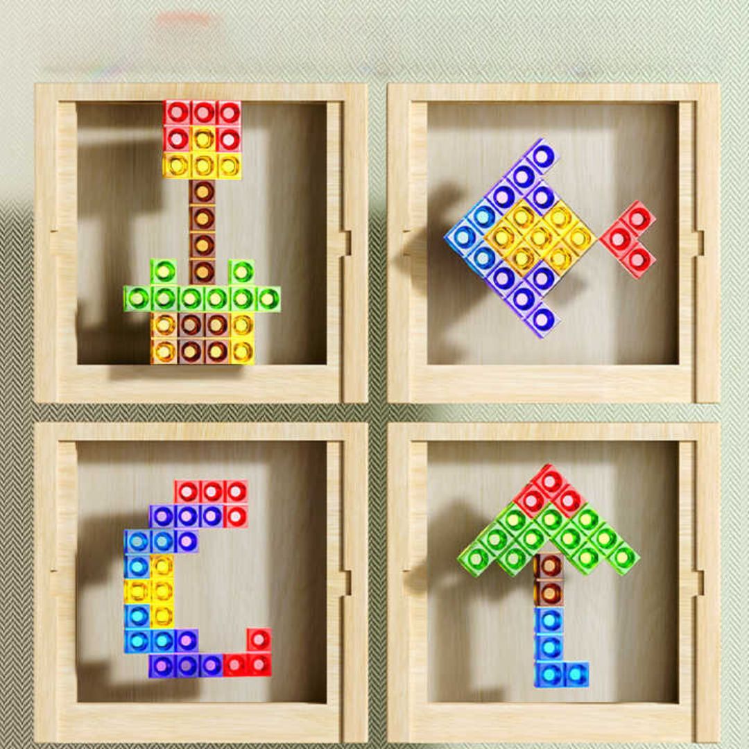 Spelers leggen houten tetris puzzelstukken in het houten bord voor een breinbreker
