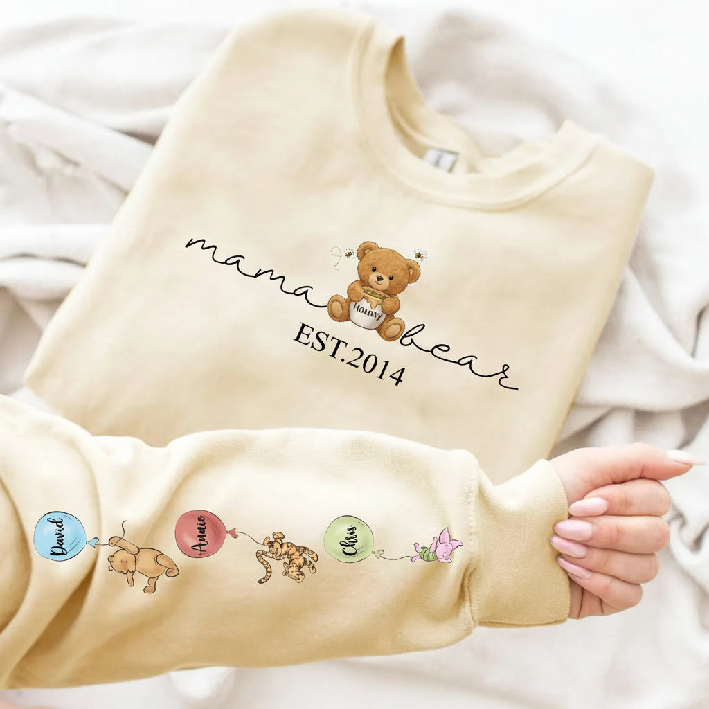 Gepersonaliseerde damestrui met namen van kinderen en schattige beertjes, ideaal Moederdag cadeau voor mama.