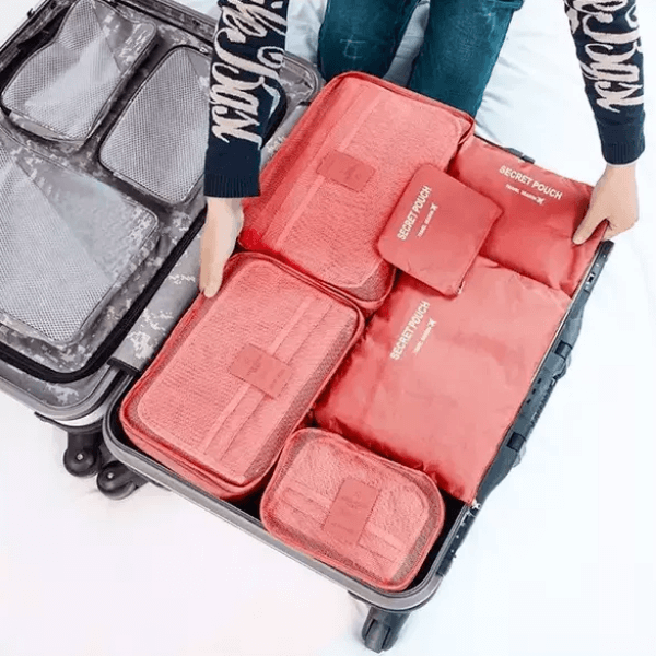 12-delige bagage organizerset voor slim en ruimtebesparend inpakken van koffers.