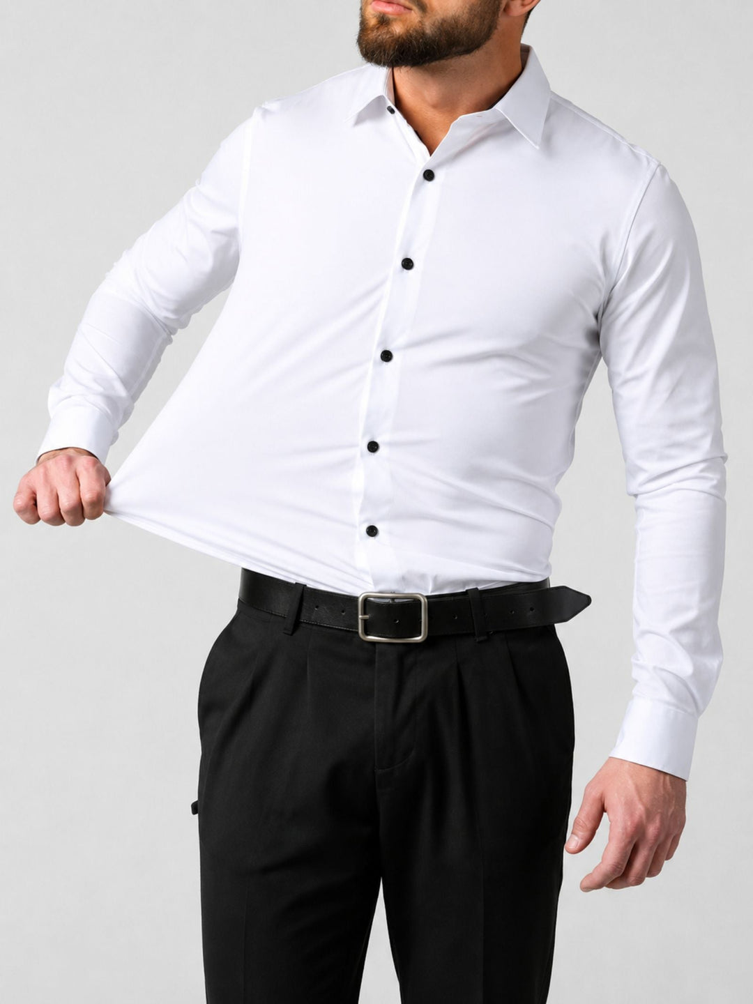 Comfortabel grijs slim fit heren stretch overhemd, lange mouwen, ideaal voor kantoor en vrije tijd.