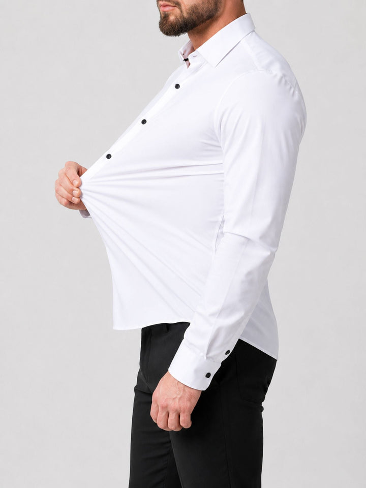 Diepblauw stretch overhemd heren, lange mouwen, perfecte pasvorm en ademend voor alle seizoenen.