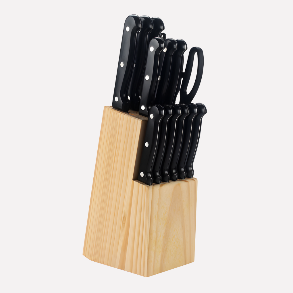 14-delige hoog koolstof RVS keukenmessenset met zwart handvat, compleet koksgerei voor elke keuken.