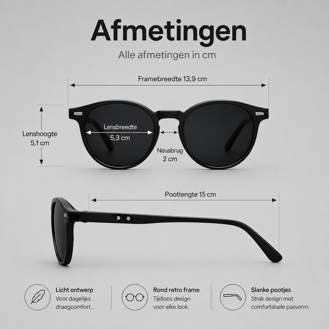 Retro heren zonnebril, rond montuur, lichtgewicht en beschermend; de ideale zonnebril voor de zomer.