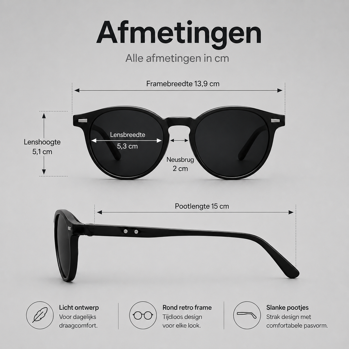 Retro heren zonnebril, rond montuur, lichtgewicht en beschermend; de ideale zonnebril voor de zomer.