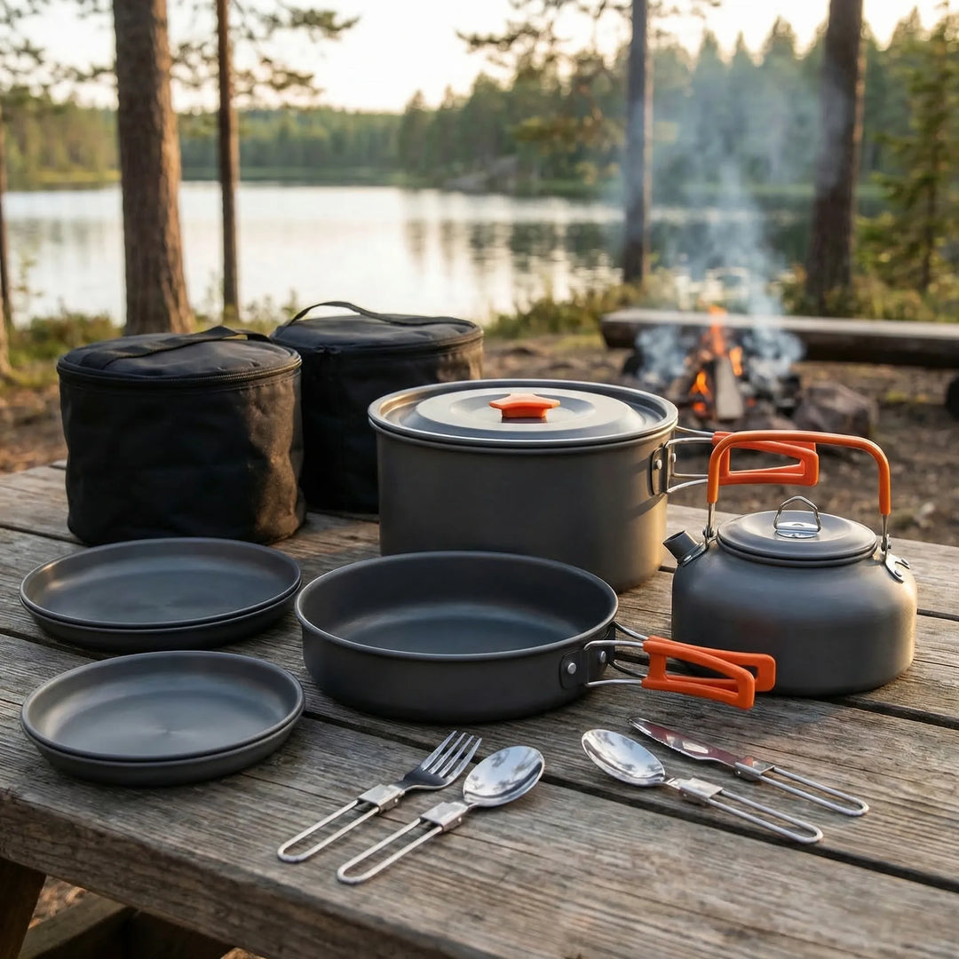 16-delige nestbare kampeerkookset, ideaal voor buitenkoken, wandelen en backpacken. Lichtgewicht en compact.