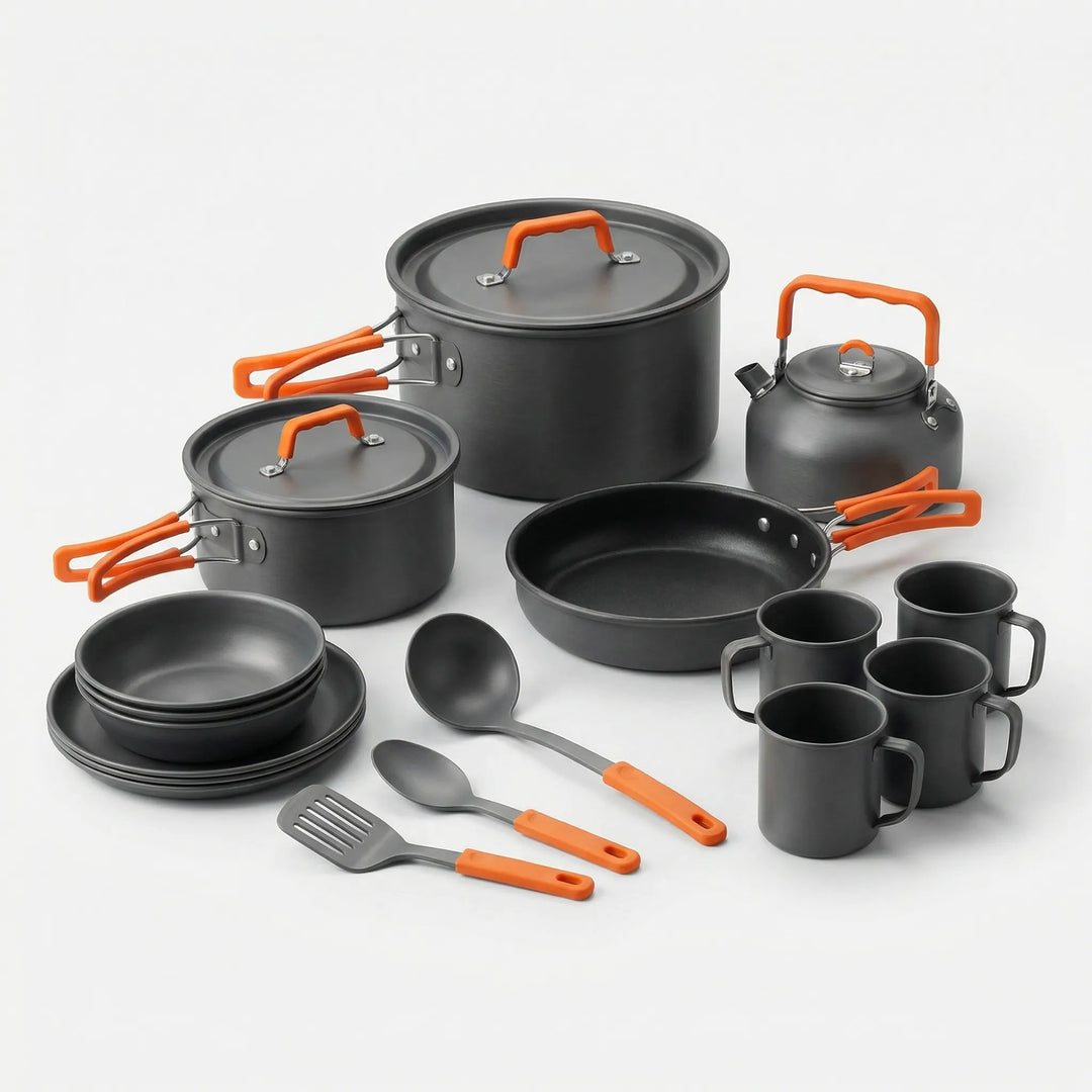 Veelzijdige 16-delige kampeerkookset voor buitenkoken, camping en noodsituaties. Duurzaam en nestbaar.