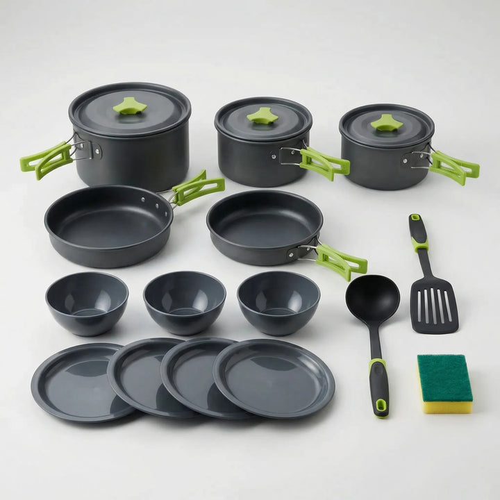 Compacte nestbare kampeerkookset, perfect voor outdoor koken. Ideaal voor wandelen, backpacken en camping.