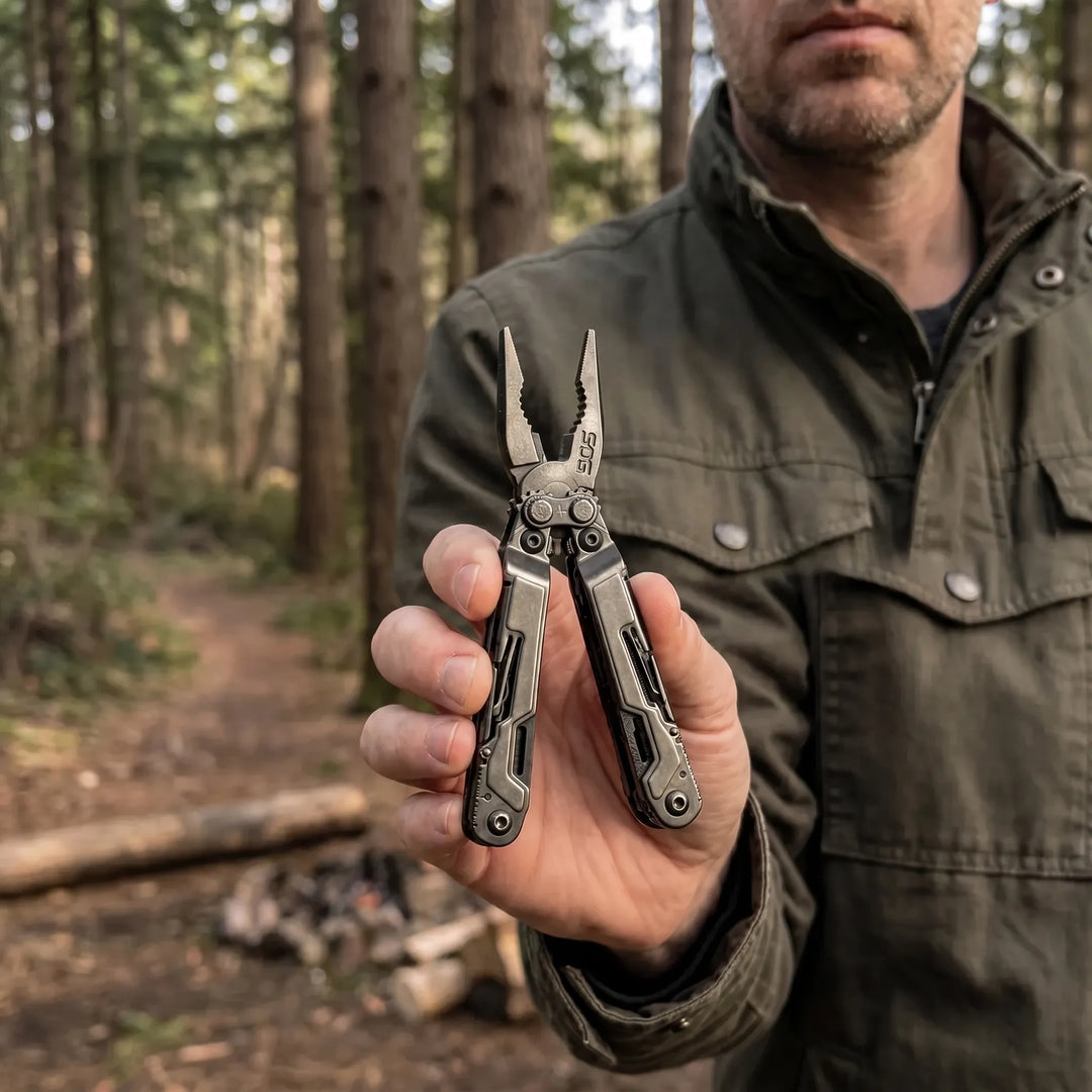Opvouwbare 18-in-1 multitool met tang voor kamperen, wandelen en EDC. Compact outdoor gereedschap.