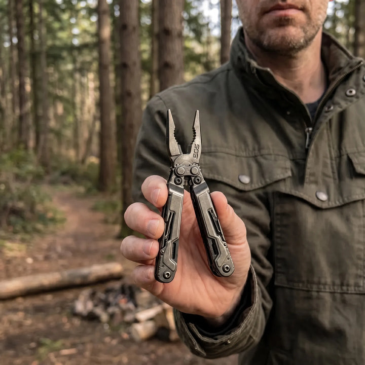 Opvouwbare 18-in-1 multitool met tang voor kamperen, wandelen en EDC. Compact outdoor gereedschap.