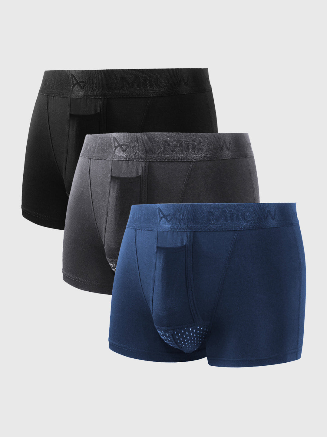 Drie heren boxershorts in de kleuren zwart, stone en navy blauw met dual pouch ontwerp