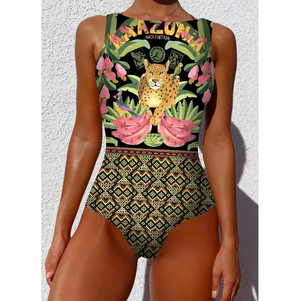 Kleurrijk dames badpak met vrolijke tropische print en luipaardmotief