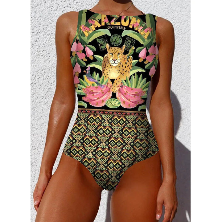 Kleurrijk dames badpak met vrolijke tropische print en luipaardmotief