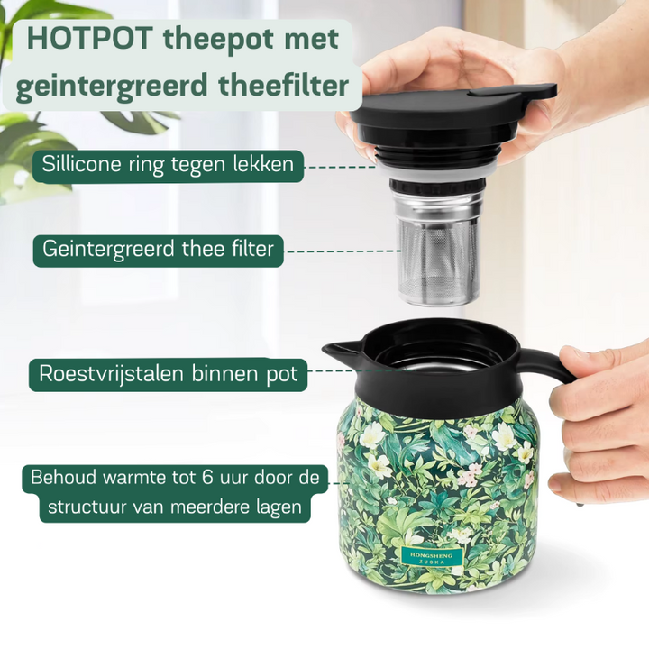 RVS hotpot theepot met ingebouwde theezeef, perfect voor losse thee en warme dranken thuis.