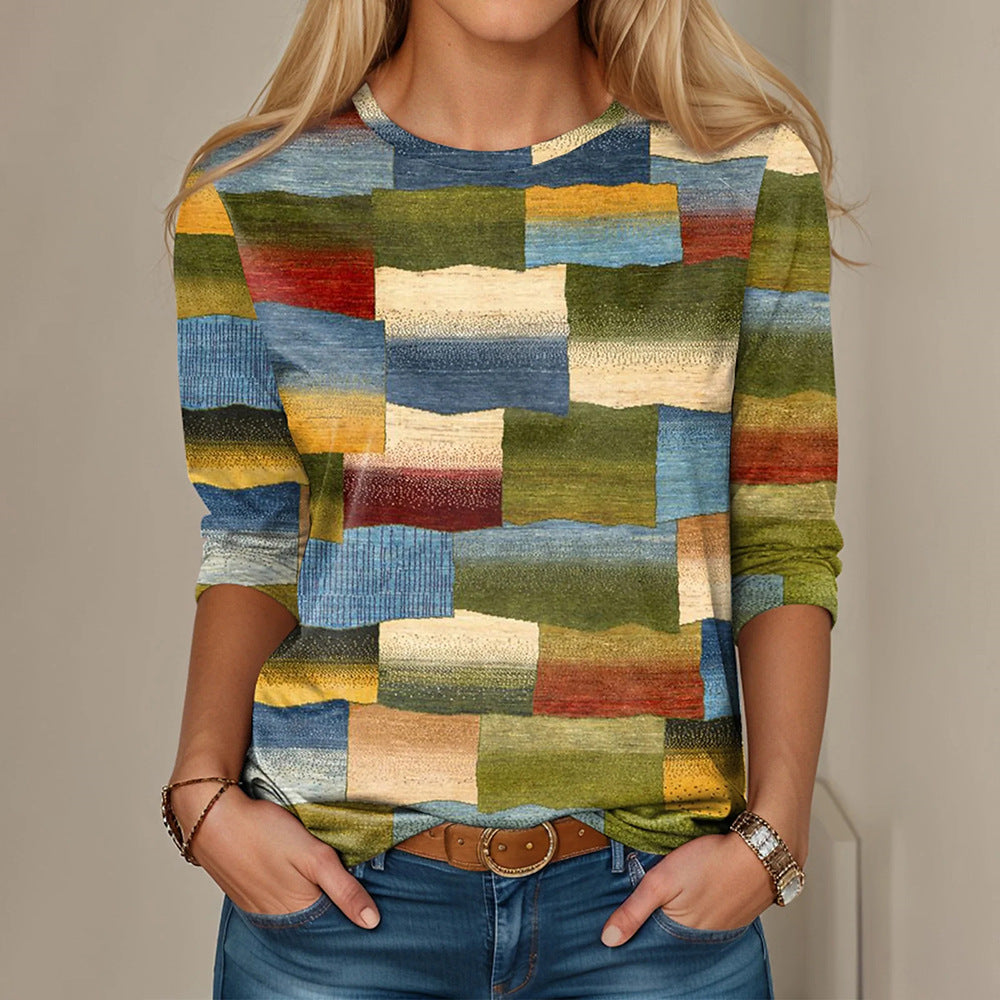 Dames T-shirt met Ronde Hals en Levendige Kleurblokken