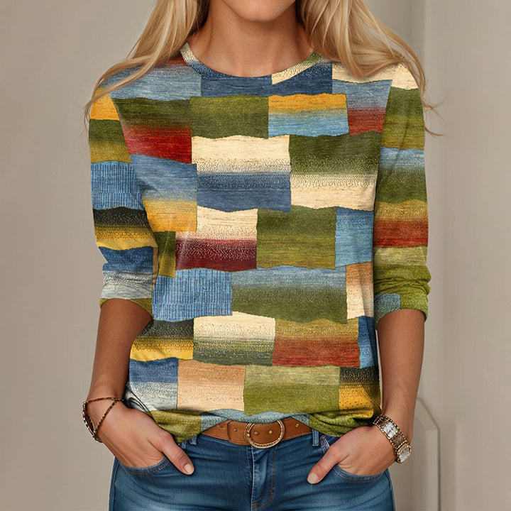 Dames T-shirt met Ronde Hals en Levendige Kleurblokken