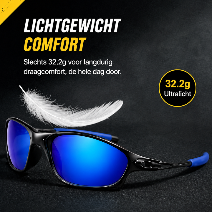 Gepolariseerde heren zonnebril, ideaal voor sport en outdoor, met lichtgewicht titanium montuur.