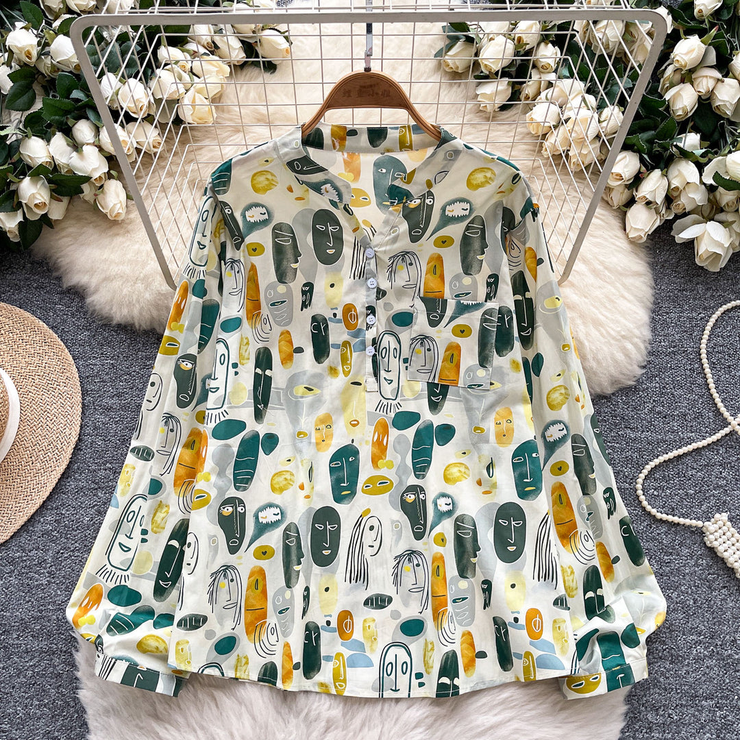 Dames Vintage Blouse met Geometrische Print – Losse Pasvorm & Lange Mouwen