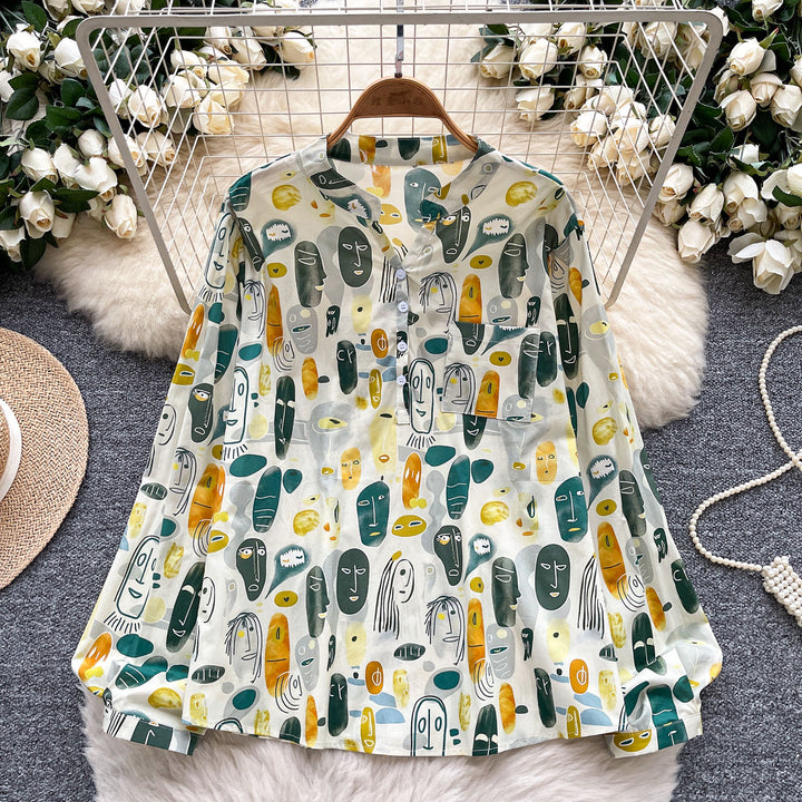 Dames Vintage Blouse met Geometrische Print – Losse Pasvorm & Lange Mouwen