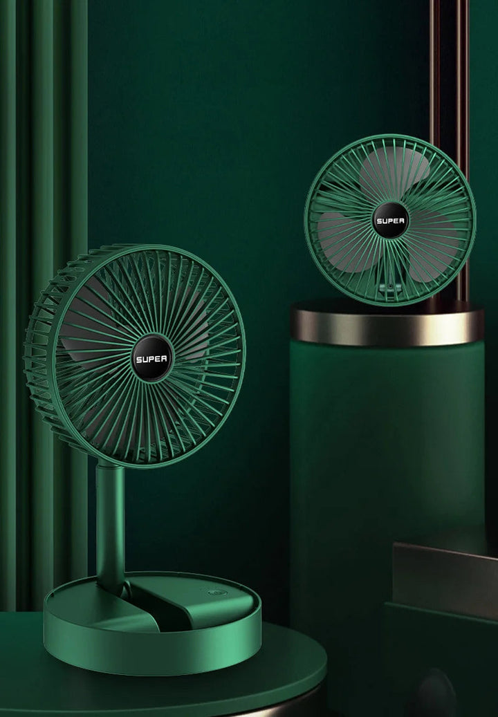 Telescopische USB-ventilator, wit, opvouwbaar voor verstelbare hoogte en gerichte persoonlijke koeling.