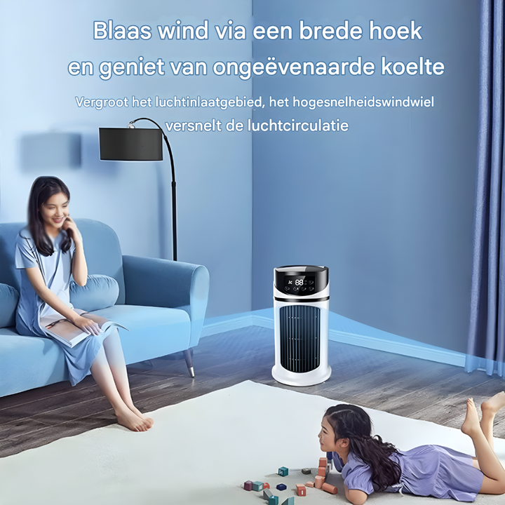 Sfeeropname van draagbare luchtkoeler in een moderne woonkamer