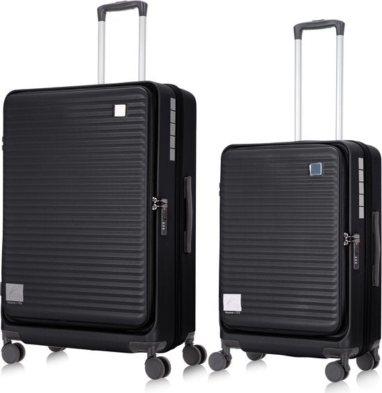 Essentiële 2-delige harde kofferset met laptopvak en uitbreidbaar volume, perfect voor vakantie en werk.