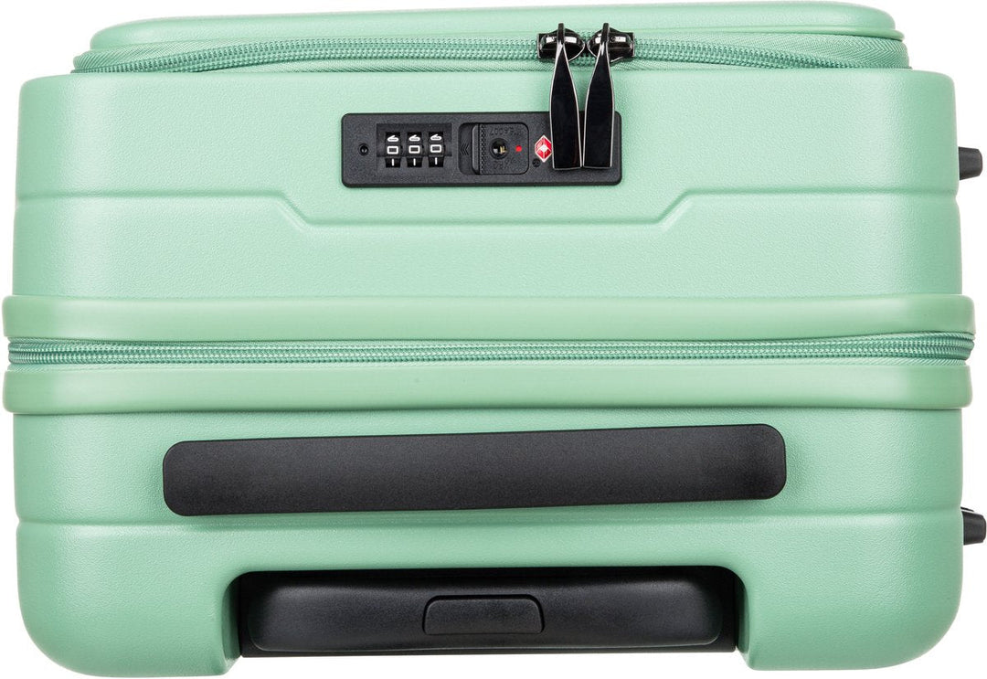 Duurzame tweedelige hartschalen kofferset met handig laptopvak en soepele 360 graden zwenkwielen.