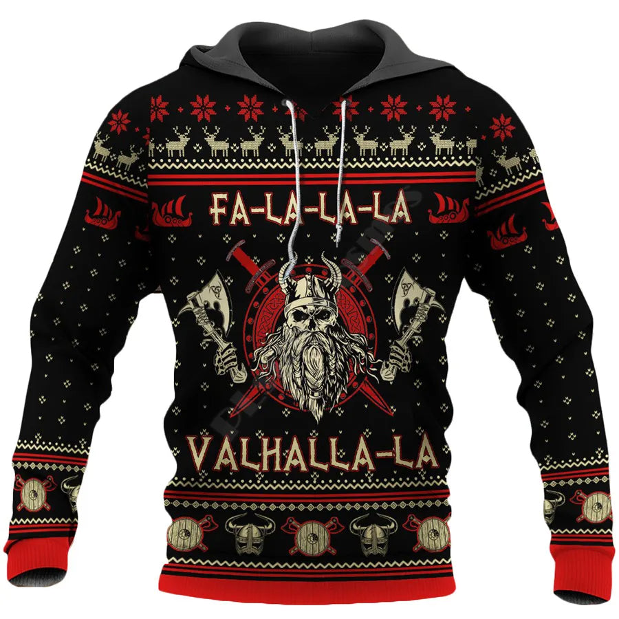 Stoere heren Viking hoodie met Odin YuleTattoo print. Warme winterkleding voor unieke feestdagen.