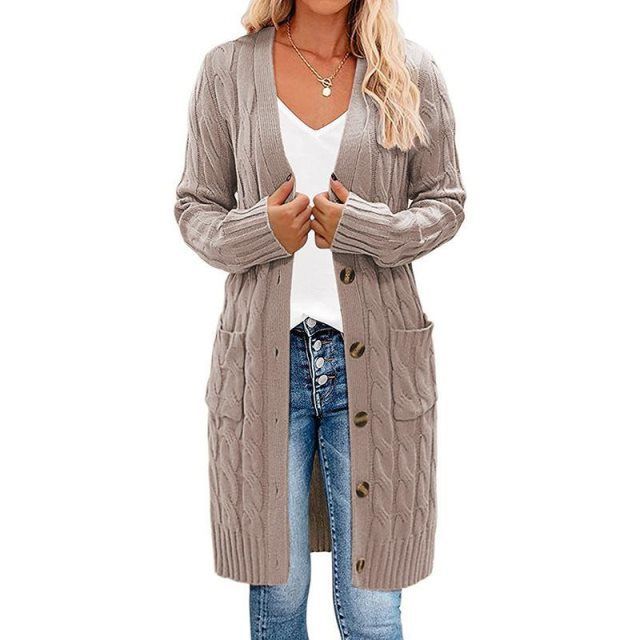 Stijlvol lang damestrui vest in khaki kleur