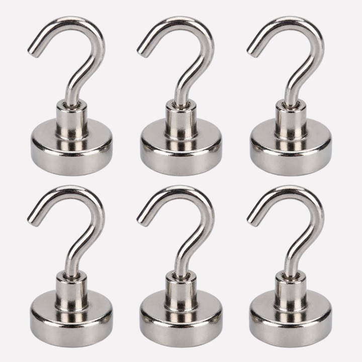 20 zilveren magnetische haken voor organisatie in keuken, garage of kantoor. Sterke magneet ophangsysteem.