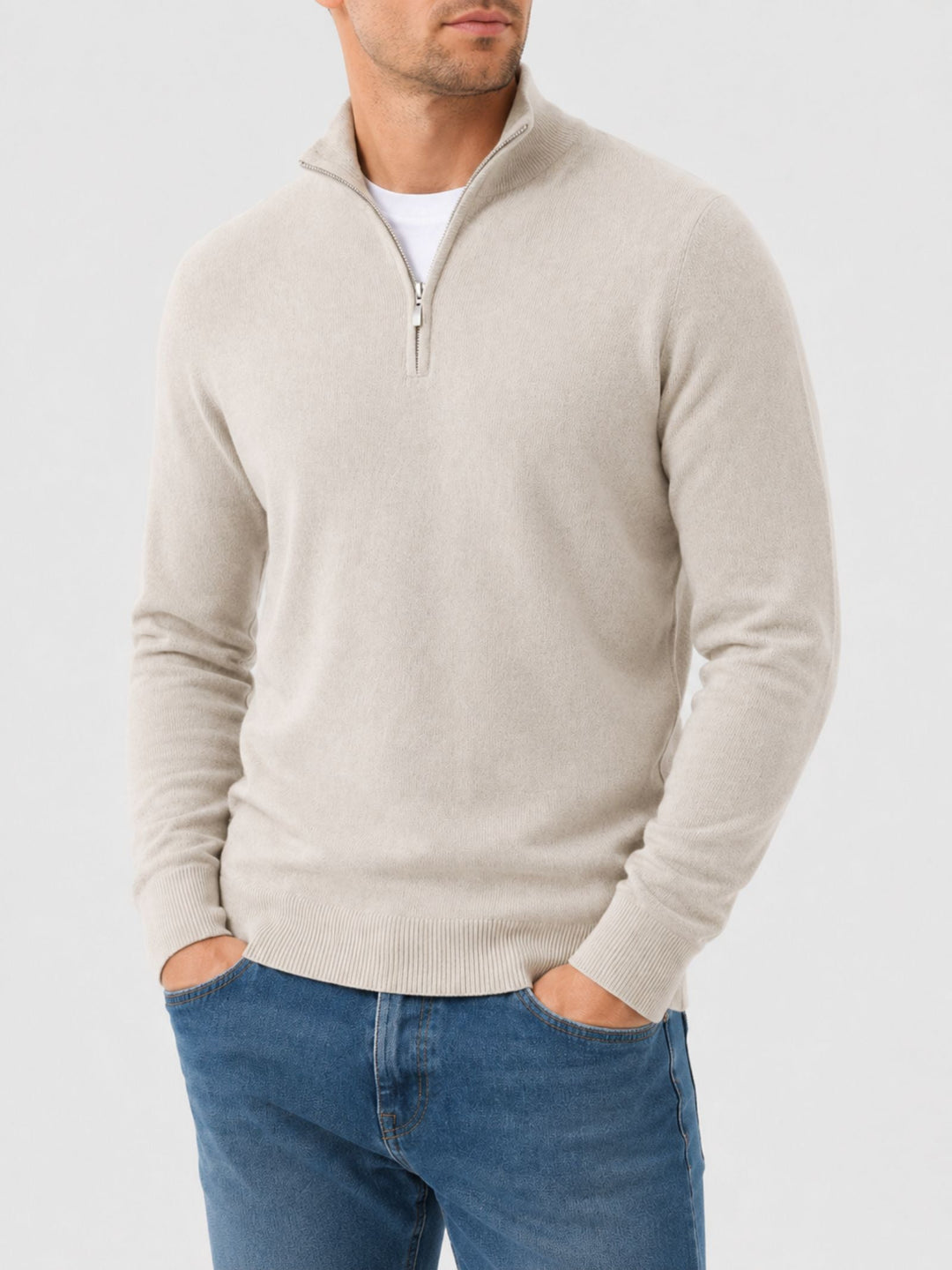 Heren V-hals trui met rits, comfortabel en stijlvol. Perfect voor casual herenkleding.