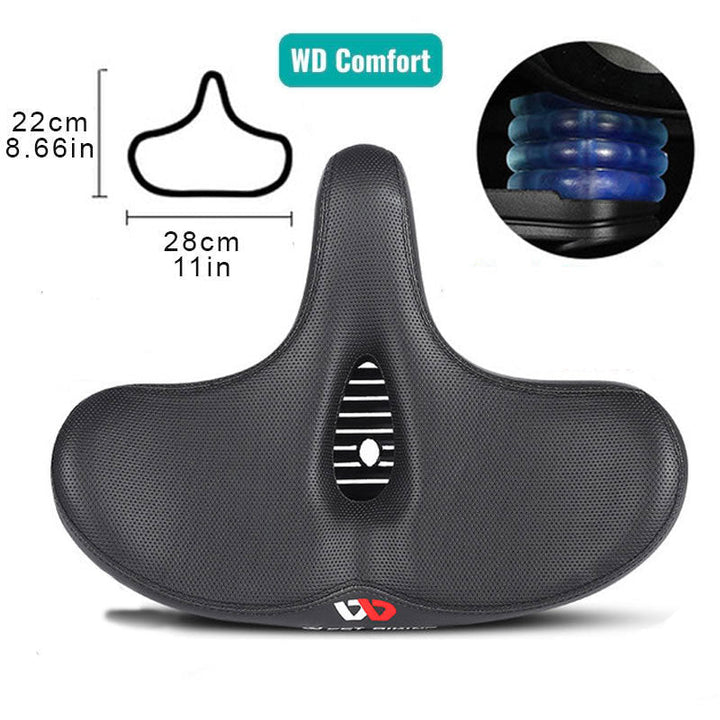 Detailopname van het zachte materiaal op het brede ergonomische zadel