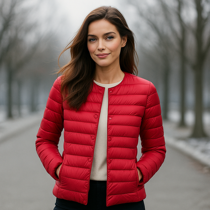 Vrouwelijke model draagt een rood gewatteerd damesjack in een park